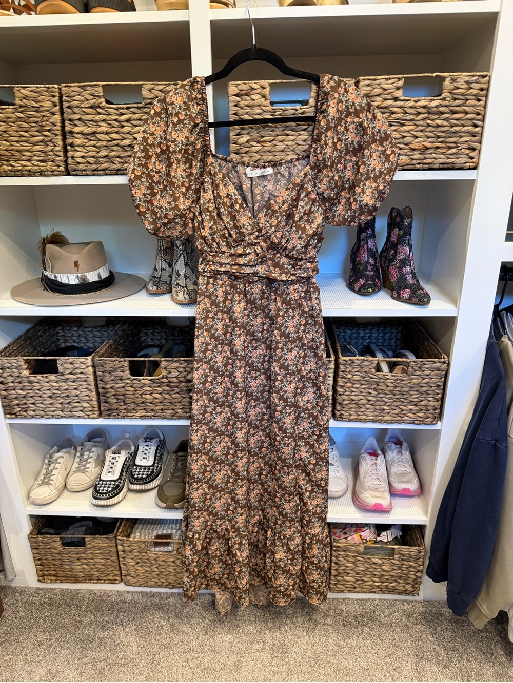 Altar'd State Brown Floral Puff-Sleeve Maxi Dress